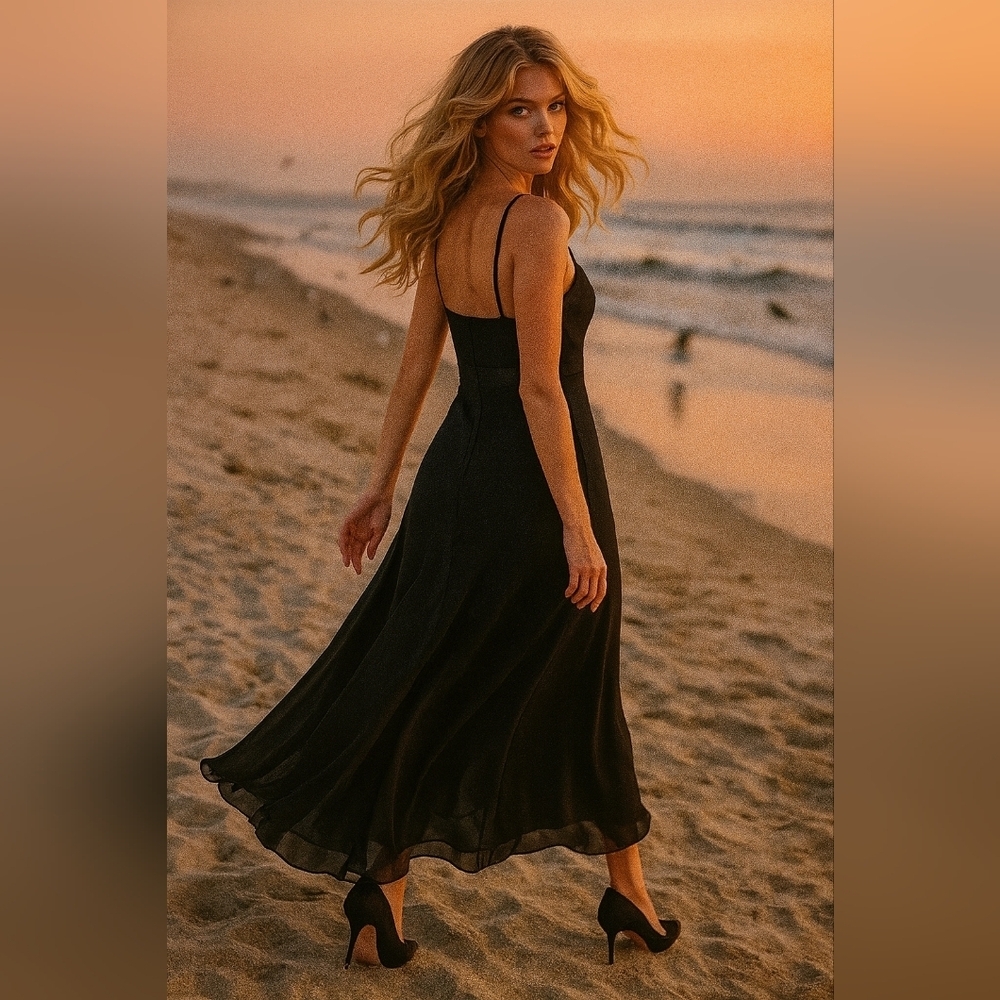 Black Asymmetrical Dress. Satin Waist. Flowy Hem. Size 8. Spaghetti Staps - Picture 4 of 7